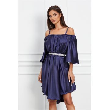 Rochie Ella Collection Amedeea bleumarin accesorizata cu un cordon cu strasuri in talie