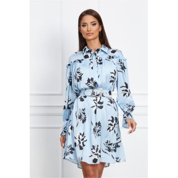 Rochie Ionela bleu cu imprimeu negru si curea in talie