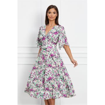 Rochie Isaura alba cu imprimeu floral mov