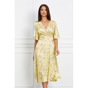 Rochie Isaura galbena cu imprimeu floral lila