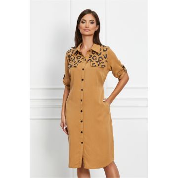 Rochie Julia bej tip camasa cu imprimeu negru