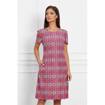 Rochie Kira fucsia cu imprimeu si buzunare