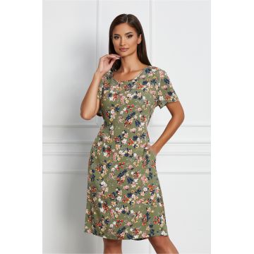 Rochie Kira verde cu imprimeu floral oranj