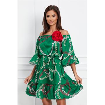 Rochie LaDonna verde din satin cu imprimeu chain