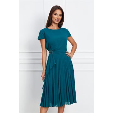 Rochie Larisa turcoaz plisata cu strasuri in talie