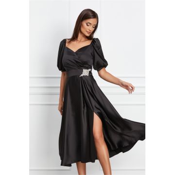 Rochie Malvena neagra din satin cu aplicatie in talie