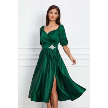 Rochie Malvena verde din satin cu aplicatie in talie