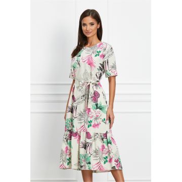 Rochie Miruna ivory cu imprimeu floral fucsia si cordon in talie