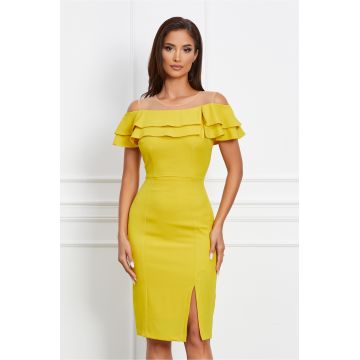 Rochie Moze galbena cu volanas dublu la bust si crepeu
