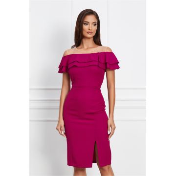 Rochie Moze magenta cu volanas dublu la bust si crepeu