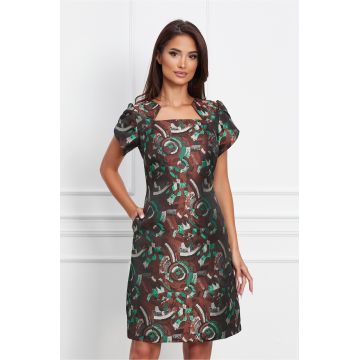 Rochie Moze maro satinata cu imprimeu turcoaz