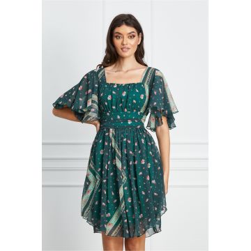 Rochie Moze verde din voal cu imprimeu floral