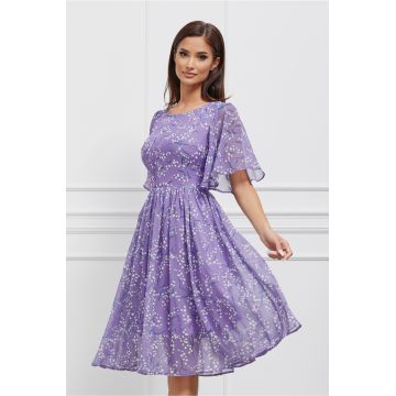 Rochie Raluca mov cu imprimeu floral si maneci largi