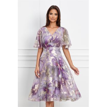 Rochie Sara lila cu insertii aurii si imprimeu floral