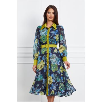 Rochie Tina bleumarin cu nasturi si curea colorata in talie