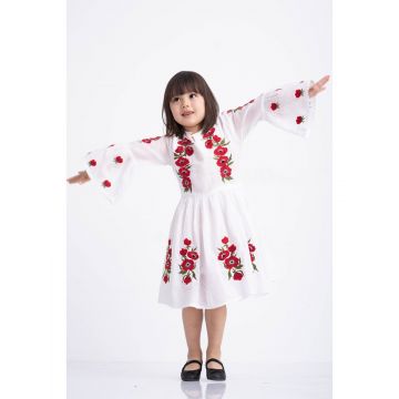 Rochie tip ie traditionala din bumbac alb cu model brodat rosu 8 ani (123-128 cm)
