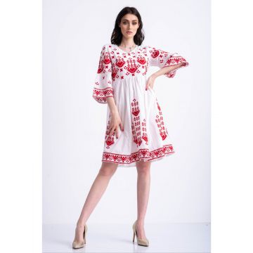 Rochie tip ie traditionala din bumbac alb cu model broderie rosie S (36)