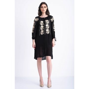 Rochie tip ie traditionala din bumbac negru cu broderie aurie S (36)