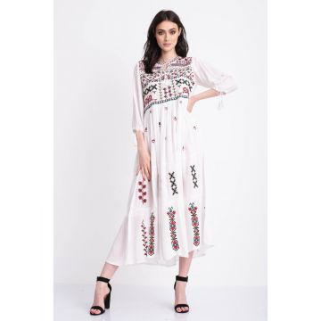 Rochie tip ie traditionala lunga din bumbac alb cu model geometric mov S (36)