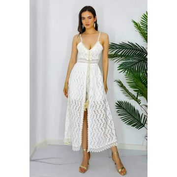 Rochie tip salopeta Amyne, cu aspect brodat si ciucuri decorativi, Alb, Marime S/M Rochie tip salopeta Amyne, cu aspect brodat si ciucuri decorativi, Alb, Marime S/M