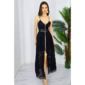 Rochie tip salopeta Amyne, cu aspect brodat si ciucuri decorativi, Negru, Marime S/M