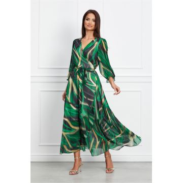 Rochie Tora petrecuta verde cu imprimeu galben