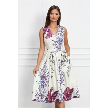 Rochie Vanessa ivory cu imprimeu floral si cordon in talie