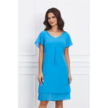 Rochie Corina albastra vaporoasa cu snur la decolteu
