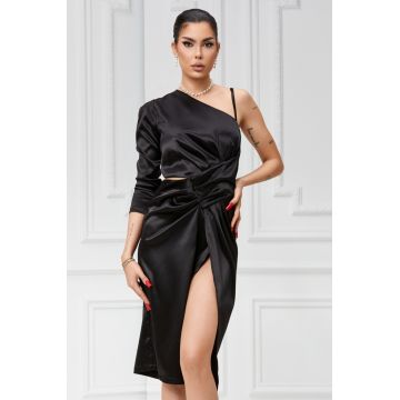 Rochie Dama Eleganta,din Satin cu o Maneca, si Decupaj in Talie, Summary, Neagr a