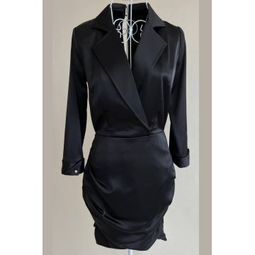 Rochie de Dama din Satin, Petrecuta pe Bust si Crapata pe Spate, Nourbese, Neagra