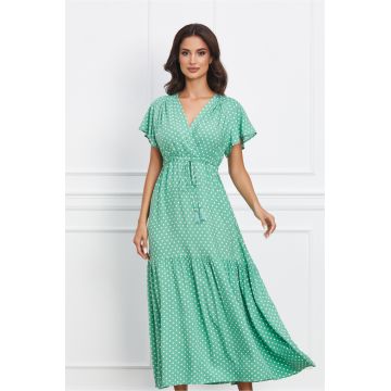 Rochie Diana verde cu buline si snur reglabil in talie