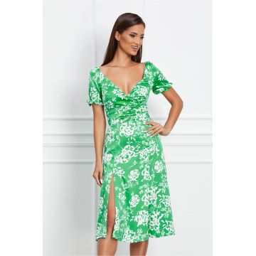 Rochie Dy Fashion verde cu imprimeu floral alb din satin