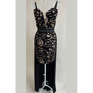 Rochie Eleganta de Dama, cu Trena Atasata si Decolteu Adanc, Reyna, Neagra