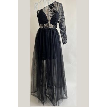 Rochie Eleganta din Voal, cu o Maneca Lunga si Bust Accesorizat cu Flori 3D, Heaven, Neagra