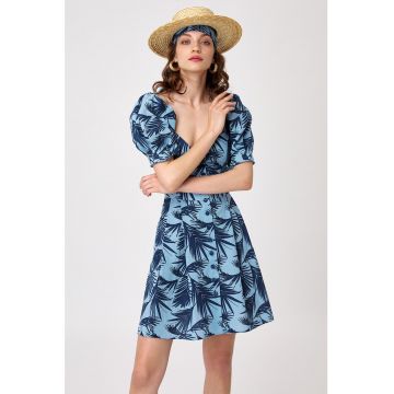 Rochie evazata din amestec de in - cu model tropical