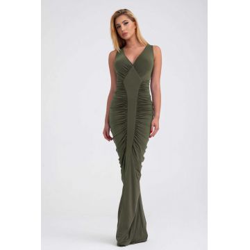 Rochie lunga drapata kaki cu decolteu pentru dama S (36)