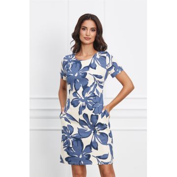 Rochie Mara ivory cu imprimeuri florale albastre