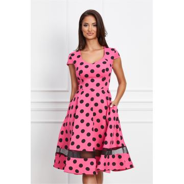 Rochie MBG roz neon cu buline negre si banda semitransparenta la baza