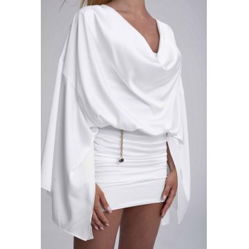 Rochie mini alba cu drapaje si top vaporos S (36)