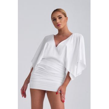 Rochie mini alba drapata cu decolteu amplu si maneci vaporoase M (38)