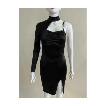 Rochie Mulata de Dama, cu o Maneca Lunga si Crapate pe Picior, Hayley, Neagra