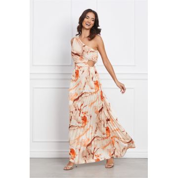 Rochie Natalia bej plisata cu imprimeuri orange si decupaj in talie