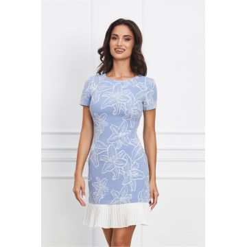 Rochie Roxana bleu cu imprimeuri si volan plisat la baza