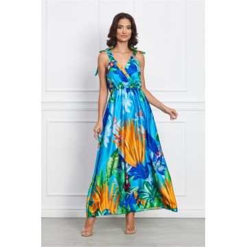 Rochie Sabrina albastra cu imprimeu tropical verde