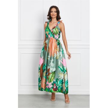 Rochie Sabrina kaki cu imprimeu tropical roz