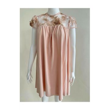 Rochie Scurta de Dama, din Satin cu Maneci Scurte, Amora, Roz Somon
