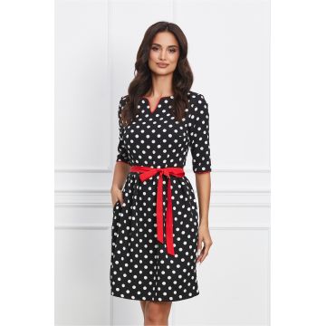 Rochie Sonia neagra cu buline si cordon in talie