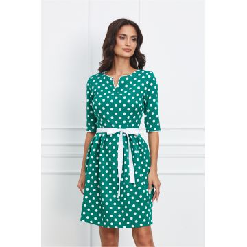 Rochie Sonia verde cu buline si cordon in talie