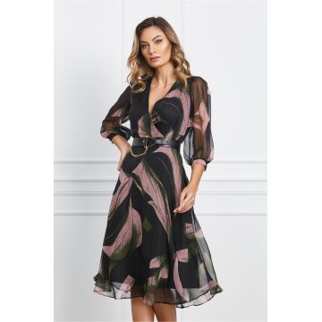 Rochie Christina neagra cu imprimeuri roz si curea in talie