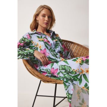Rochie cu imprimeu tropical si buzunare laterale